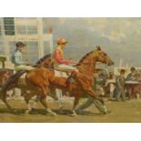 AFTER A. J. MUNNINGS. GOING OUT AT EPSOM, COLOUR PRINT. 54 x 51cms