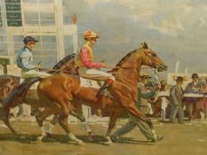 AFTER A. J. MUNNINGS. GOING OUT AT EPSOM, COLOUR PRINT. 54 x 51cms