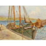 T. CLOUGH (1867-1943) BY THE QUAY SIDE, SIGNED, WATERCOLOUR, FRAMERS LABEL VERSO. 29 x 39cms