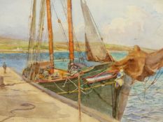 T. CLOUGH (1867-1943) BY THE QUAY SIDE, SIGNED, WATERCOLOUR, FRAMERS LABEL VERSO. 29 x 39cms