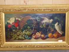 LATE 19th. C CONTINENTAL SCHOOL. STILL LIFE OF FRUIT AND DOVES, SIGNED INDISTINCTLY, OIL ON