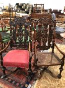 TWO SIMILAR ANTIQUE FRENCH WALNUT ELBOW CHAIRS WITH PIERCED AND CARVED FOLIATE BACKS ABOVE CANED AND