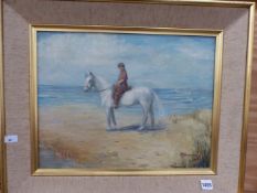 PAULINE BOUMPHREY (1886-1959) A PORTRAIT OF A YOUNG GIRL ON A HORSE, SIGNED AND INSCRIBED, OIL ON