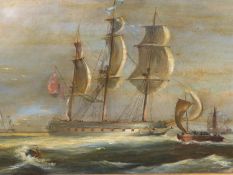 ENGLISH SCHOOL. NAVAL WARSHIP WITH OTHER SAILING CRAFT. OIL ON CANVAS. 33 x 43cms. TOGETHER WITH A