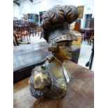 A 19th C. GILT WOOD BUST OF BRITANNIA WEARING A PLUMED HELMET AND A CLOAK OVER HER FISH SCALED