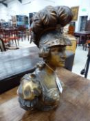 A 19th C. GILT WOOD BUST OF BRITANNIA WEARING A PLUMED HELMET AND A CLOAK OVER HER FISH SCALED