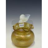 A SABINO OPALESCENT GLASS SNAIL FORM BOWL. W 9cms. TOGETHER WITH A LOETZ TYPE IRIDESCENT CRACKLEWARE