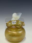 A SABINO OPALESCENT GLASS SNAIL FORM BOWL. W 9cms. TOGETHER WITH A LOETZ TYPE IRIDESCENT CRACKLEWARE