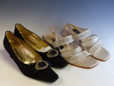 A PAIR OF VINTAGE RUSSELL AND BROMLEY BLACK EVENING SHOES WITH PASTE BUCKLES AND A PAIR OF STUART