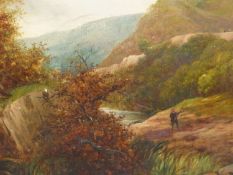 19th. C ENGLISH SCHOOL. FISHERMAN ON A RIVER BANK, SIGNED INDISTINCTLY, OIL ON CANVAS. 61 x 91cms