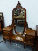 A 20th C. WALNUT DRESSING TABLE, THE CENTRAL MIRROR FRAME CRESTED BY ROCAILLE AND FOLIAGE ABOVE