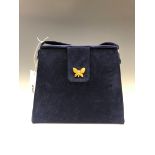 A UNUSUAL BLUE SUEDE LANVIN BAG WITH LONG STRAP AND PRETTY GOLD BUTTERFLY CLASP, DUST BAG