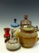 FOUR STUDIO POTTERY VASES, A SHOE AND A MERKELBACH BROWN STONE WARE JUG MOUNTED WITH A METAL LID