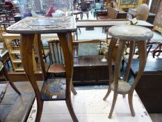 TWO EARLY 20th C. JAPANESE TWO TIER TABLES CARVED WITH FLOWERS, THE TALLER. H 75.5cms.