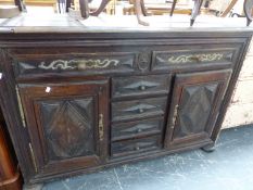 A 19th C. FRENCH OAK SIDEBOARD, THE TWO DRAWERS WITH METAL KNOB HANDLES AND MOUNTS ABOVE FOUR