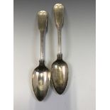 A PAIR OF 19th C. CANTONESE GEORGE III STYLE, SILVER FIDDLE AND THREAD PATTERN SERVING SPOONS BY