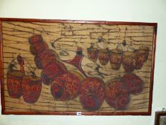 A FRAMED BATIK PANEL DEPICTING A DISPLAY OF PEOPLE PLAYING RED BONGO DRUMS, SIGNED IN THE IMAGE