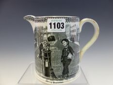 A VICTORIAN POTTERY JUG PRINTED IN BLACK WITH TWO SWEEPER BOYS INSCRIBED HOWS BUSINESS AND SLACK