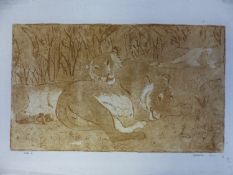 OROVIDA PISSARO (1893-1968) ARR. PLAYFUL LIONS, PENCIL SIGNED SOFT GROUND ETCHING. 21 x 34cms