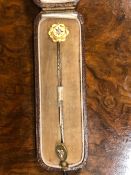 TWO DIFFERENT VICTORIAN 15ct GOLD AND DIAMOND STICK PINS OR TIE PINS, EACH SET WITH A SMALL