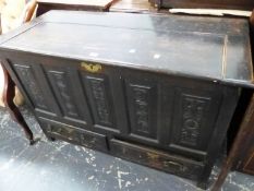 A LATE 19th C. OAK MULE CHEST WITH FIVE PANELLED FRONT OVER TWO DRAWERS. W 110 x D 47 x H 73cms.