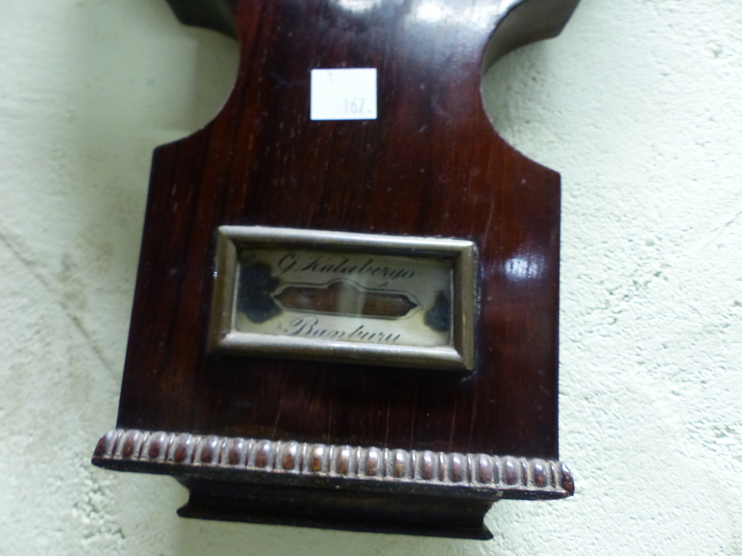 A 19th C. ROSEWOOD WHEEL BAROMETER BY G KALABERGO, BANBURY, THE BROKEN PEDIMENT ABOVE DRY/DAMP DIAL, - Image 5 of 7