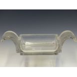 A LALIQUE FOLIATE HANDLED RECTANGULAR GLASS DISH, SIGNED LALIQUE FRANCE. W 37cms.