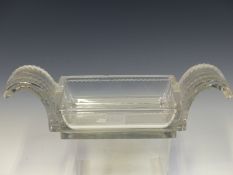 A LALIQUE FOLIATE HANDLED RECTANGULAR GLASS DISH, SIGNED LALIQUE FRANCE. W 37cms.