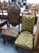 A 19th C. MAHOGANY SHOW FRAME CHAIR, THE UPHOLSTERED BACK AND SEAT ABOVE 17th C. STYLE LEGS JOINED
