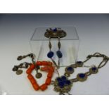 VINTAGE TRIBAL AMBER PRAYER BEADS, TOGETHER WITH VARIOUS STRANDS OF MEDALLION STRUNG DROPPERS, AND