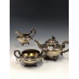 A SILVER TEA POT WITH A TWO HANDLED SUGAR BOWL AND A JUG BY BARNARD BROTHERS, LONDON 1838 AND 1835