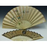 A 19th C. IVORY FAN, THE GUARD STICKS PIERCED AND CARVED WITH FLOWERS, THE PAPER LEAF PAINTED WITH A