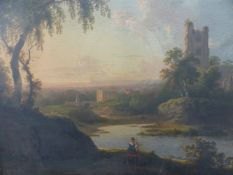 SCHOOL OF RICHARD WILSON (18th/19th C.) A LANDSCAPE VIEW WITH ABBEY RUINS, OIL ON PANEL. 50 x 60cms