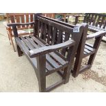 A PAIR OF SMALL TEAK GARDEN BENCHES. H 90 x W 120 x D 61cms