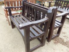 A PAIR OF SMALL TEAK GARDEN BENCHES. H 90 x W 120 x D 61cms