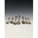A PAIR OF GEORGE III SILVER OLD ENGLISH PATTERN DESSERT SPOONS, TWO OTHER DESSERT SPOONS, A GEORGE
