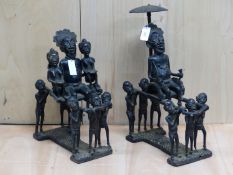 A PAIR OF LATE 19th C. IVORY COAST BRONZE PROCESSIONAL GROUPS, EACH LITTER LED BY A HORN BLOWER, THE