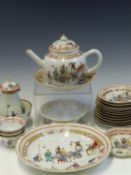 A CHINESE EXPORT FAMILLE ROSE PART TEA SET PAINTED WITH FIGURES AND TABLES, COMPRISING: A PLATE, A