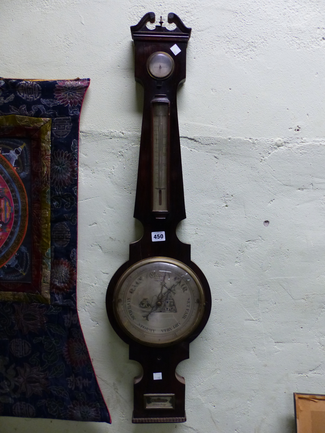 A 19th C. ROSEWOOD WHEEL BAROMETER BY G KALABERGO, BANBURY, THE BROKEN PEDIMENT ABOVE DRY/DAMP DIAL,
