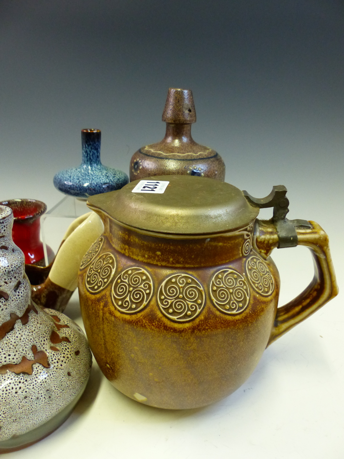 FOUR STUDIO POTTERY VASES, A SHOE AND A MERKELBACH BROWN STONE WARE JUG MOUNTED WITH A METAL LID - Image 2 of 3