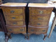 A PAIR OF 20th C,BURR WALNUT BEDSIDE CHESTS OF FOUR DRAWERS AND ON CABRIOLE LEGS WITH CLUB FEET
