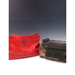 A RED COACH HANDBAG W 36 x H 23cms TOGETHER WITH A SMALL FABRIC AND LEATHER BALLY HANDBAG (2)