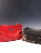 A RED COACH HANDBAG W 36 x H 23cms TOGETHER WITH A SMALL FABRIC AND LEATHER BALLY HANDBAG (2)