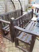 A PAIR OF TEAK GARDEN BENCHES. H 90 x W 153 x D 60cms