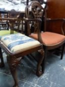 A GEORGE III STYLE MAHOGANY ELBOW CHAIR WITH CURVED DROP IN SEAT AND CARVED BACK TOGETHER WITH A