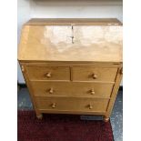 A ROBERT MOUSEMAN THOMPSON OAK BUREAU, THE FALL ABOVE TWO SHORT AND TWO LONG DRAWERS. W 76 x D 48
