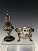 A GEORGE III SILVER CASTER BY S T, LONDON 1788, THE BALUSTER FORM WITH BEADED BANDS. H 14.5cms.