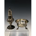 A GEORGE III SILVER CASTER BY S T, LONDON 1788, THE BALUSTER FORM WITH BEADED BANDS. H 14.5cms.