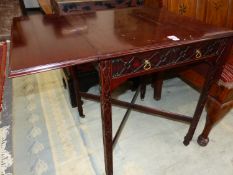 A BESPOKE GEORGE III STYLE MAHOGANY PEMBROKE TABLE WITH BLIND FRET CUT TO THE DRAWER AND TO THE