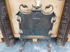 AN ARTS AND CRAFTS COPPER FIRE SCREEN DECORATED WITH A FIGURE OF A STANDING KNIGHT. H 84. W 56cms
